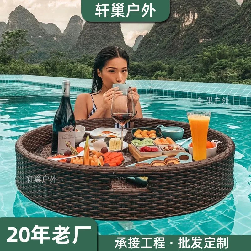 Net red floating tray round rattan woven heart-shaped basket Homestay Hotel Villa swimming pool dinner plate