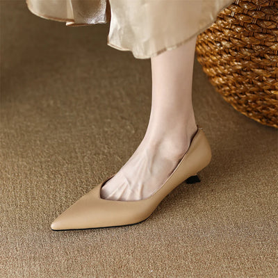plus size 34-42 women's genuine leather 4.5cm kitten heel pointed toe slip-on pumps elegant ladies low heeled shoes