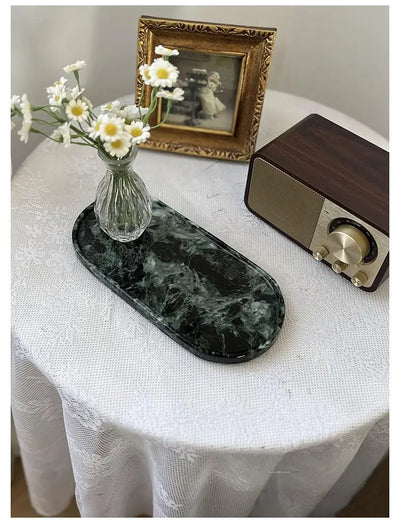 Luxury Green Marble Oval Tray: Bathroom Organizer & Fruit Serving Platter, Waterproof Stone Decor for Hotel Spa Home Kitchen