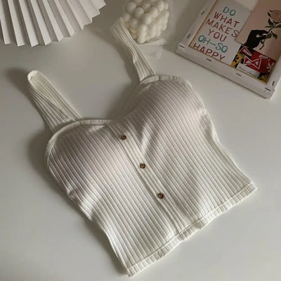 Women's Ribbed Tank Tops Y2K Cropped Tops with Bra Pads Knitted Button Down Suspenders Vest Sexy Camisole Female Short Tops
