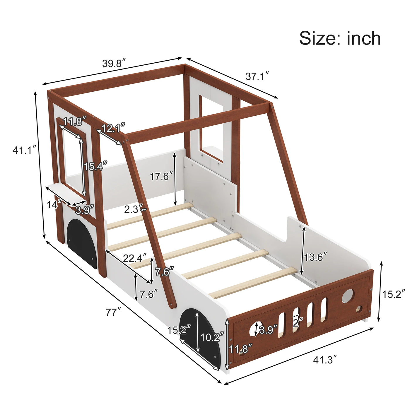 Fun Play Design Twin Size Car Bed for Kids Boys Girls Teens, White and Orange Solid Wood Frame