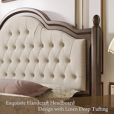 King Size Wood Bed Frame with Upholstered Headboard, Solid Wood Platform Bed with Linen Tufted, No Box Spring Needed