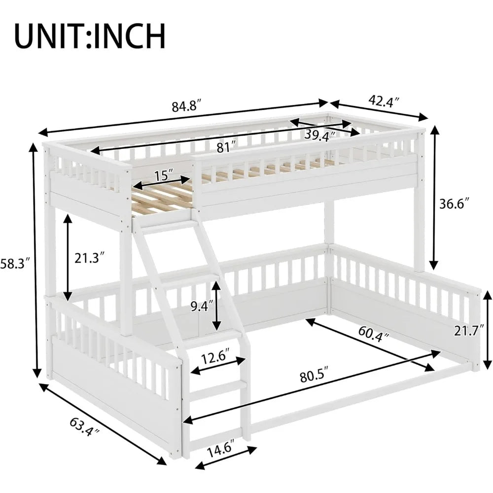 Low Bunk Beds Twin XL Over Queen Floor Bunk Bed with Ladder and Guardrail Wood Detachable Bunk Bed Frame for Boys, Girls, No Spr