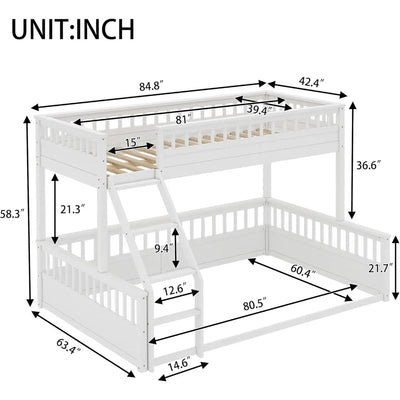 Low Bunk Beds Twin XL Over Queen Floor Bunk Bed with Ladder and Guardrail Wood Detachable Bunk Bed Frame for Boys, Girls, No Spr