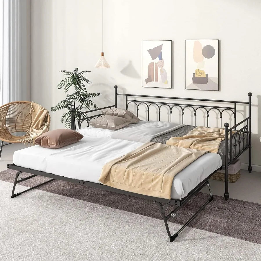 Twin Daybed with Trundle and Storage Bag Metal Daybed with Pop Up Trundle Day Bed Farm with Steel Slat port Sofa Bed for Teens
