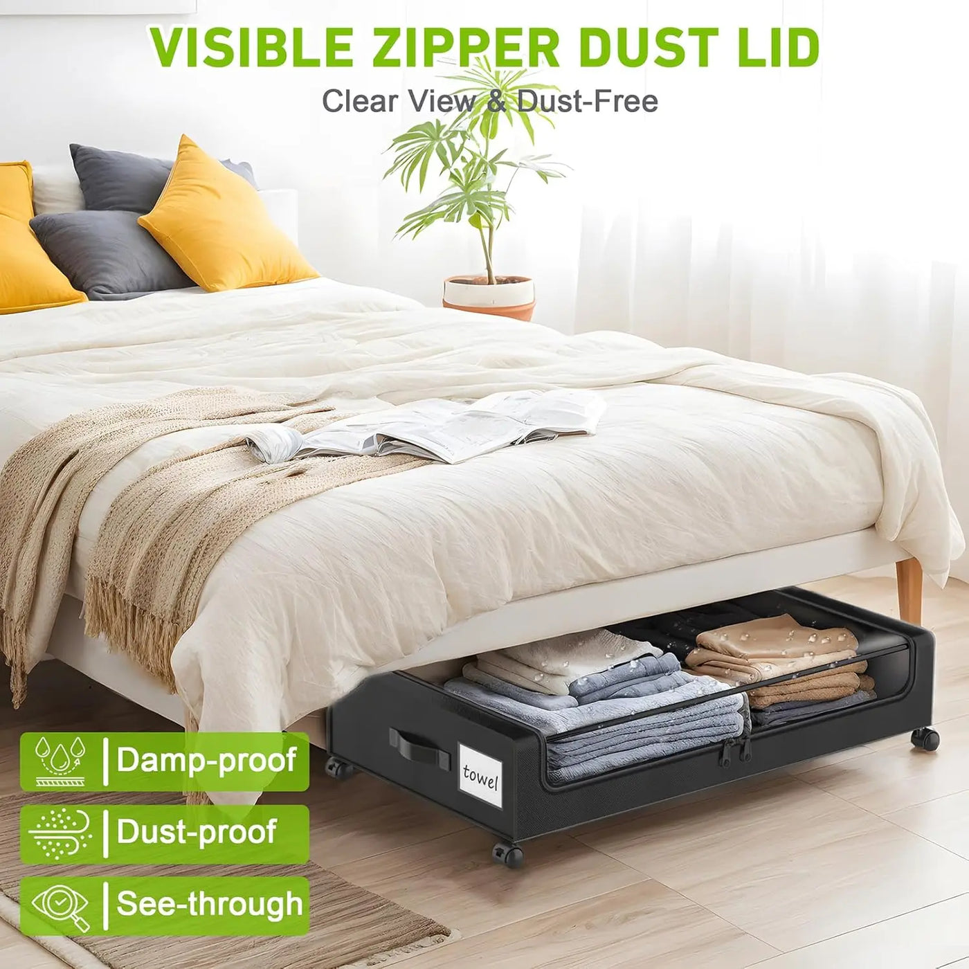 4-Pack XXL 60L Under Bed Storage with Wheels with Clear Lids - Rolling Drawers & Bins for Clothes,Shoes,Toys,(Black)