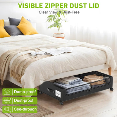 4-Pack XXL 60L Under Bed Storage with Wheels with Clear Lids - Rolling Drawers & Bins for Clothes,Shoes,Toys,(Black)
