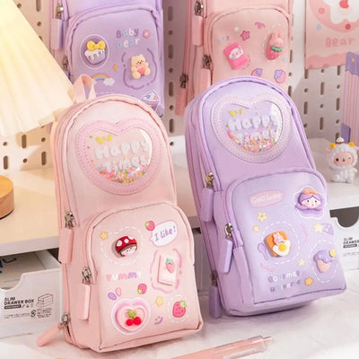 3Layer 6 Pockets Large Capacity Schoolbag shape Pencil Case Pencil Bag Aesthetic Stationery Holder Bag Girls Zipper Pencil Pouch
