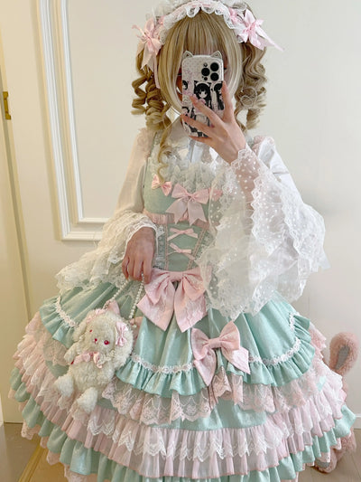 Original Lolita Dress Set Doll Feeling Girl Women's Sweet Jsk Suspender Dress Princess Fairy Lace Bow Sling Cake Dresses