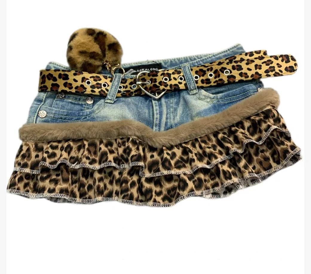 Harajuku Subculture Denim Leopard Print Splicing Y2k Skirt Kawaii Gothic Mini Pleated Skirt Casual Retro Streetwear Skirts Women