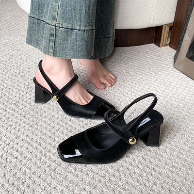 Square Heels Mary Janes Square Toe Med Heels Flats Spring/Autumn Solid Color Women's Shoes Buckle Strap Fashion Ladies Sandals