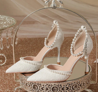 High Heeled Shoes Women's 2025 Summer with A Thin Heel and Pointed Toe A Straight Cut Lace Surface White Pearl Bridal Shoe Women