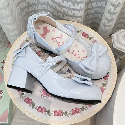 2024Lolita Style Cute Round Head  Jane Pumps With Bow Women's Sweet Party Dress Midi Heels Shoes Fashion PU Sandals