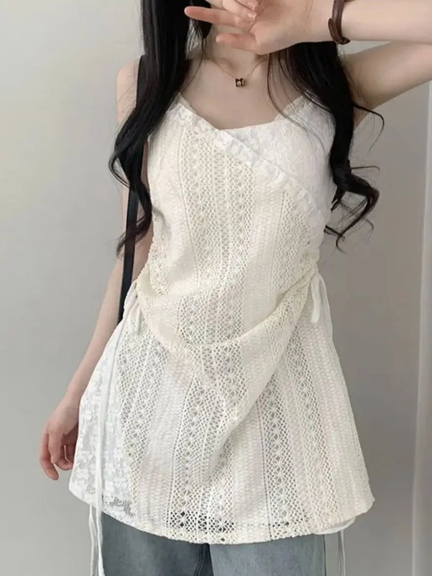 Hot Girl Korean Style Drawstring Lace-up Waist Lace Short Suspender Dresses + White Inner Wear Bottoming Sling Top Two-piece Set