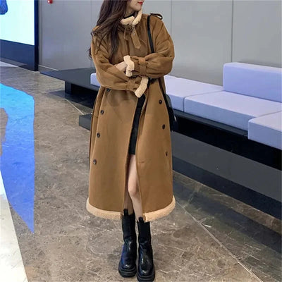 2024 Autumn Winter New Medium Long Double-breasted Lambswool Suede Woolen Coat Women Add Velvet Padded Warm Fur One Woolen Coats