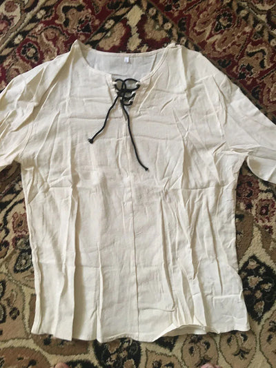 Cotton Linen Drawstring T Shirt Men's V Neck Blouse Solid Color Long Sleeves Casual Cool Tops Vikings Costume For Men M-6XL