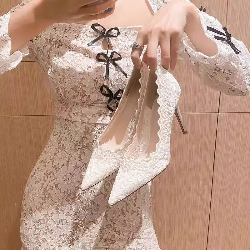 White Wedding Shoes Bridal Shoes Design Sense Niche Lace Pointed Stiletto Heel Shallow French High Heels Female Temperament