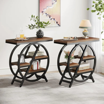 End Table for Living Room, 3-Tier Narrow Side Table with Storage, Wood Sofa Side Table with Geometric Metal Frame for Bedroom
