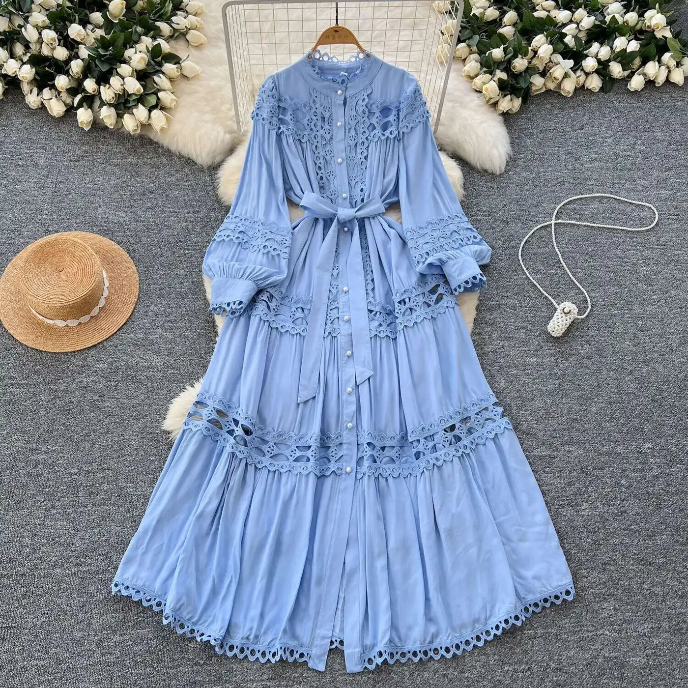 Elegant Long Maxi Hollow Out Dress Shirt Women Summer Autumn Palace Retro Pearl Button Embroidery Crochet Evening Party Vestidos