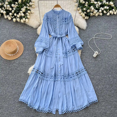 Elegant Long Maxi Hollow Out Dress Shirt Women Summer Autumn Palace Retro Pearl Button Embroidery Crochet Evening Party Vestidos