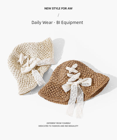 Straw Hat Female Summer New French Woven Bows Sun-Proof Bucket Hat Fresh Beach Trip Vacation Sun Hat