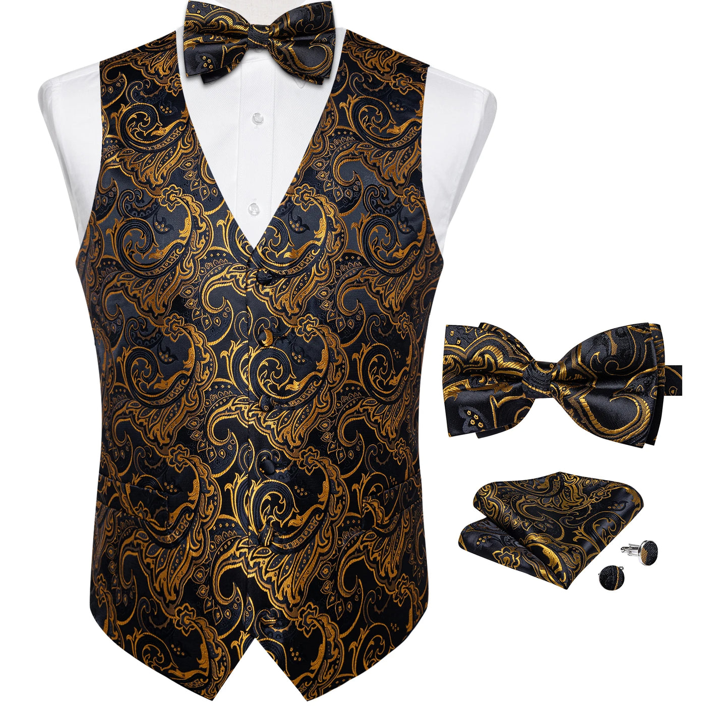 Luxury Golden Color Black Paisley Men's Suit Vest with Pre-tied Bow Tie Pocket Square Cufflinks Wedding Tuxedo Suits Waistcoat
