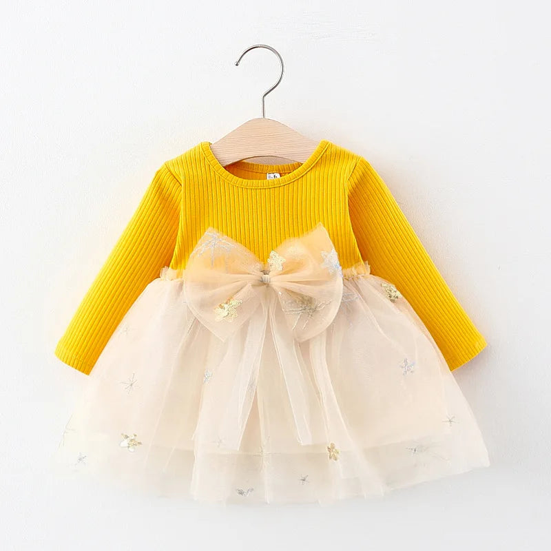 Girls' Long Sleeved Dress Spring And Autumn Bow Glittering Mesh Spliced Knitted Princess Party Birthday Dress