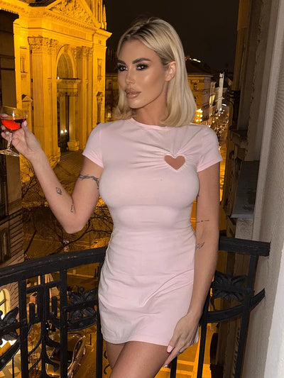 Love Hollow Out Short Sleeve Mini Dress Pink White Black Casual Dresses Womens Summer Clothes N85-BD16