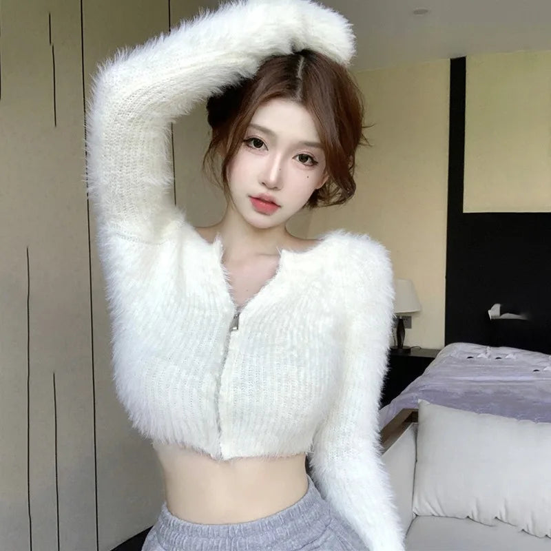 Women's Sweater Coat Top Knitted Cardigan Plush Off Shoulder Short Style Gentleness Mink Solid Color Zipper Design