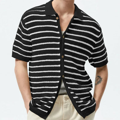 Men's Sexy See-through Knit Shirt Breathable Hollow Striped Shirt Summer New Men's Thin Coat Men's Clothing Hawaiian Shirt Tops