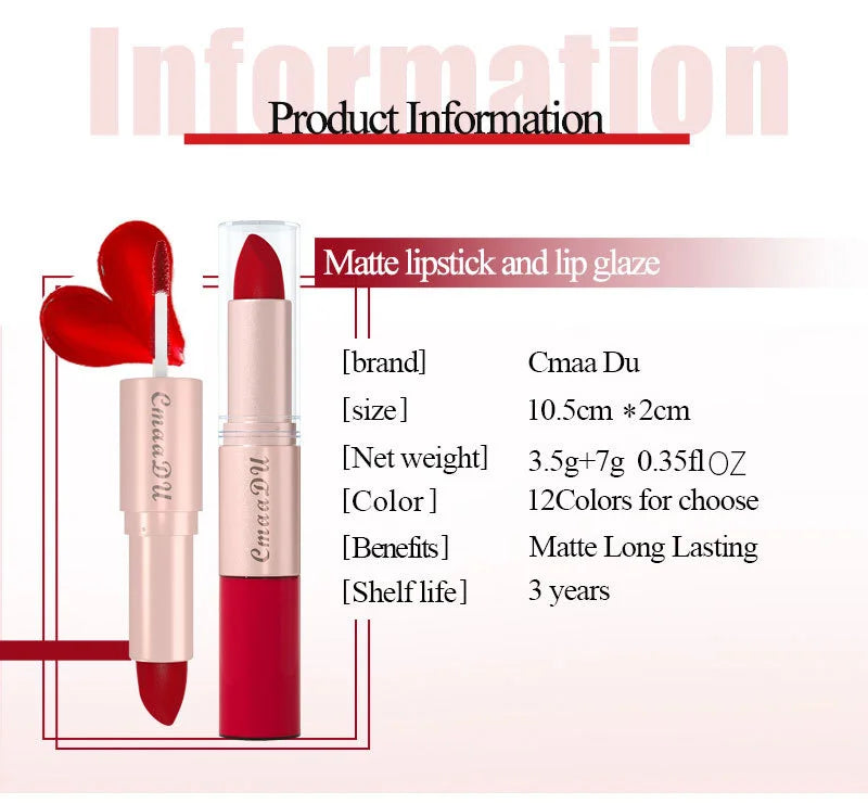 2 In 1 Double-ended Lipstick Lip Liner Pen Matte Pigment Non-stick Cup Skin Color 24H Lasting Waterproof Makeup Beauty Cosmetics