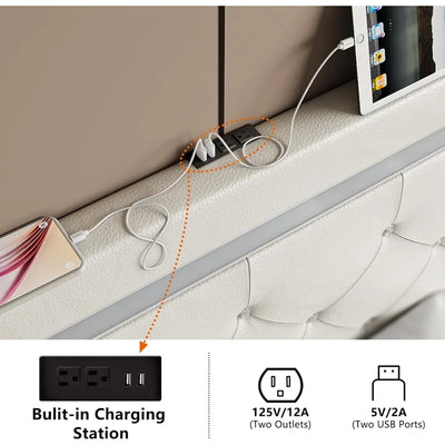 Bed Frame with LED Lights, Upholstered Platform Bed Frame, Adjustable Headboard with Charging Station, Wooden Slats Support