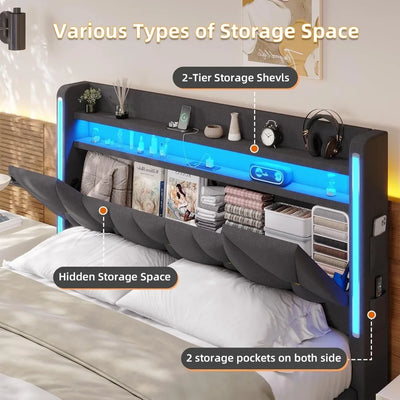 Full Size Bed Frame with Headboard and Openable Storage,Upholstered Platform Bed with 4 Drawers,Metal Bed Frame with
