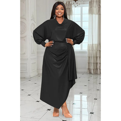Plus Size Women's Everyday Dress Brown V Neck Long Sleeve Irregular Spring and Summer Satin Cinched Waist Maxi Dress