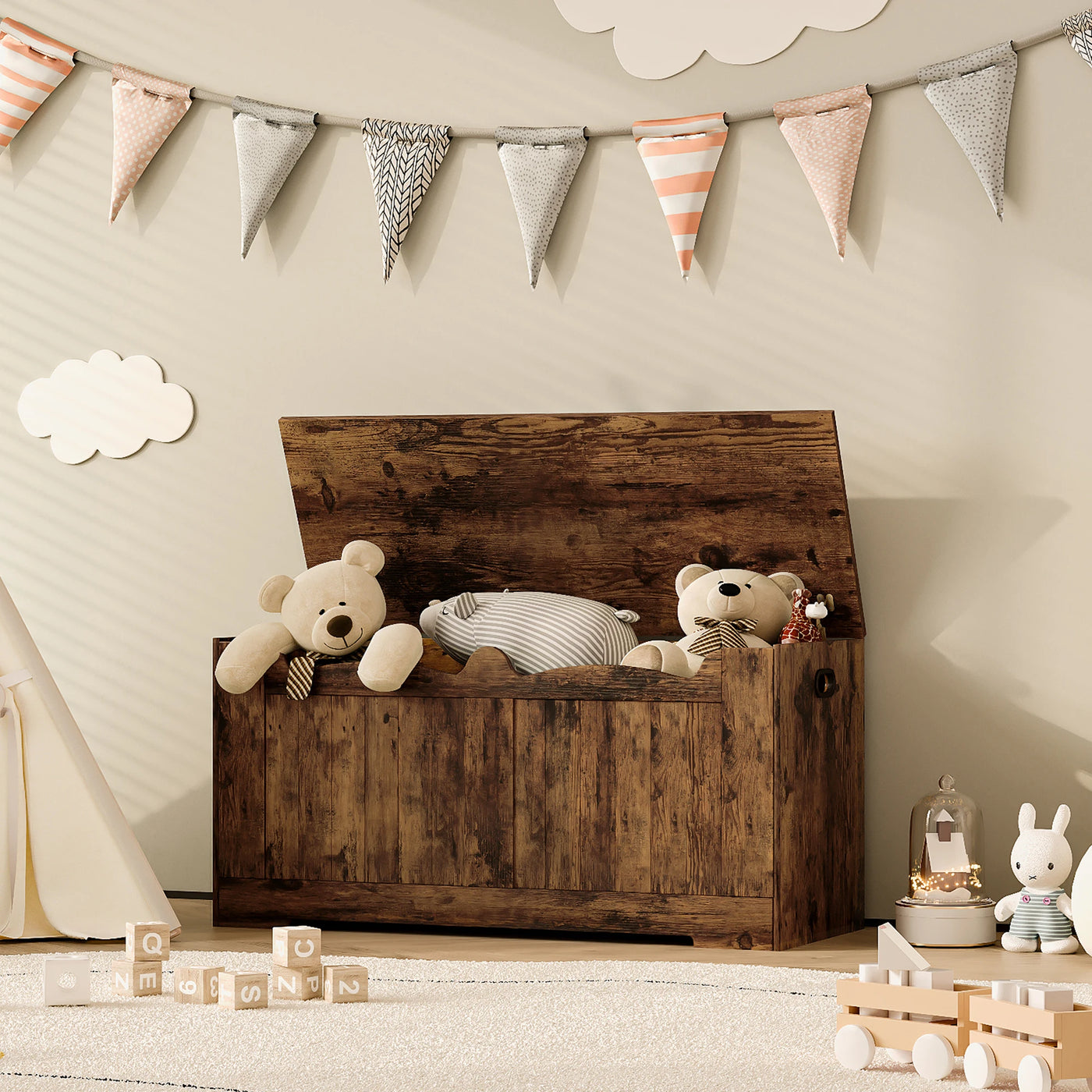 Storage Chest, Storage Trunk with 2 Safety Hinge, 100 cm Lift-Top Storage Bench, Wooden Storage Organizer for Entryway