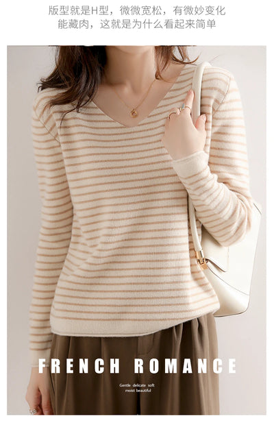 New Striped V-neck Sweater Women's All-Match Loose Sweater Fall Winter Fashion Bottoming Shirt Inner Wear Blouse
