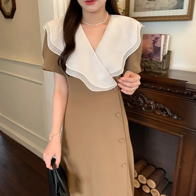 Women Summer Vintage Long Wrapped Dress 2024 New Female Double Layer Ruffled Collar Lacing Up Slim Waist Sundress