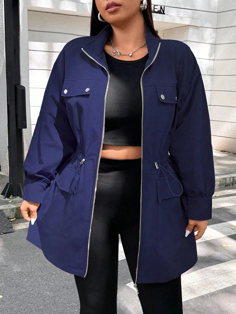 Plus Size Solid Colour Ladies Jacket Casual Fashion Windproof Zip Design Suitable for Autumn and Winter Coat