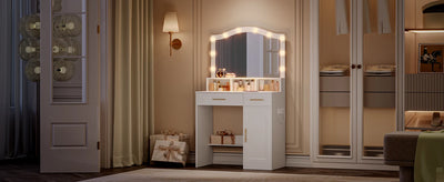 Hzuaneri Dressing Table, HD Large Mirror, 3 Colored Adjustable LED Lights, with Charging Station 2 AC Sockets and 2 USB Ports