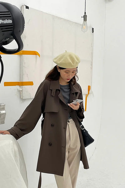 Women Spring Fall Short Trench Coat Korean Style Loose Fit Casual Khaki Jacket Petite-Friendly Versatile and Stylish Outerwear