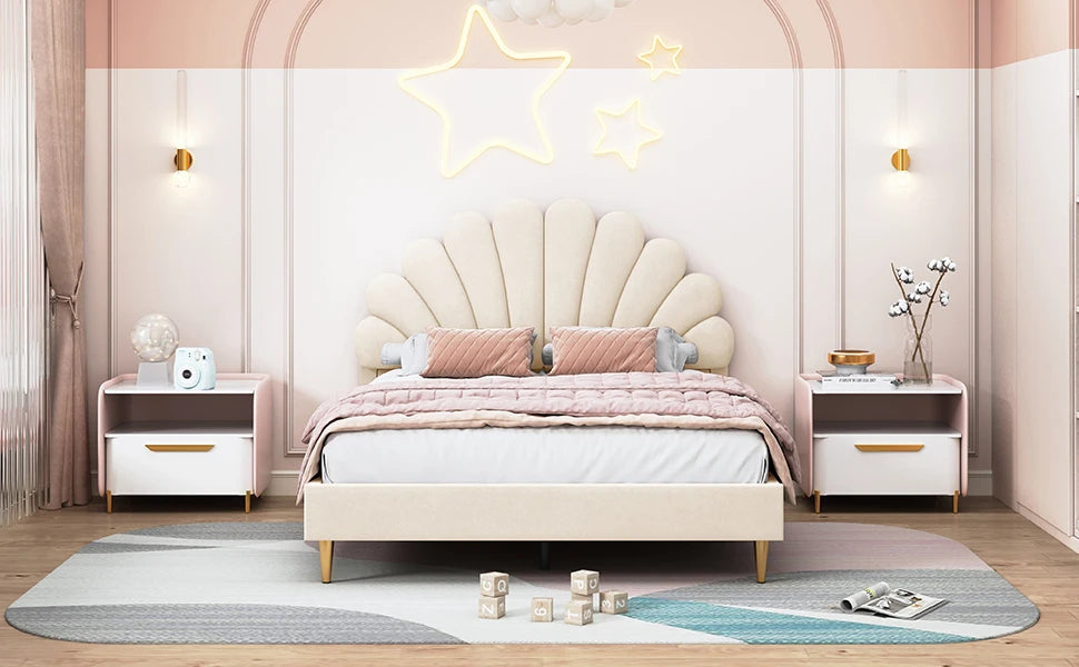 Double bed 140x200 cm, upholstered bed with flower-shaped headboard and slatted frame, stable bed frame, children's bed