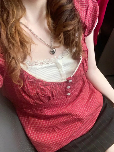 Lace Three-button Plaid Puff Sleeve Short Sleeve T-shirt Women's Summer Sweet Preppy Style Slim Shirt V-neck Short Tops Y2k