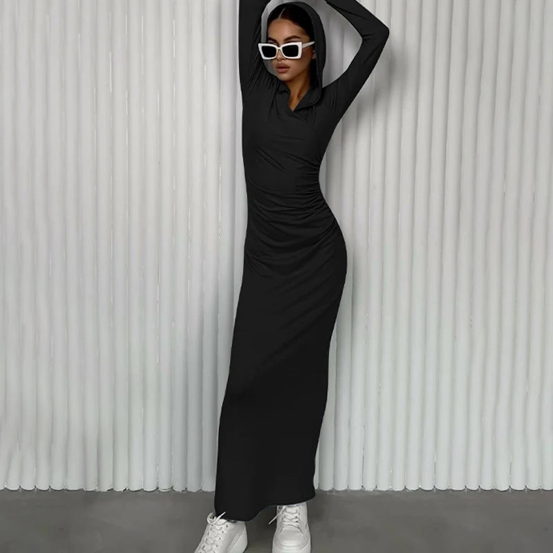 Hugcitar Solid Hoodies V Neck Long Sleeve Draped Sexy Slim Maxi Dress 2023 Winter Women Fashion Y2K Outfits Streetwear Party