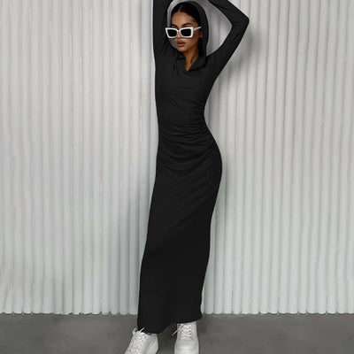 Hugcitar Solid Hoodies V Neck Long Sleeve Draped Sexy Slim Maxi Dress 2023 Winter Women Fashion Y2K Outfits Streetwear Party