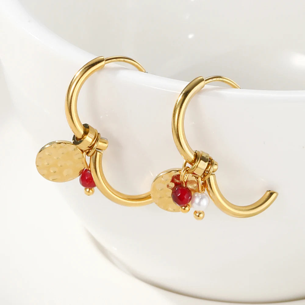 YACHAN 18K Gold Plated Stainless Steel Hoop Earrings for Women Tap Texture Metal Pearl Charms Earring Trendy Jewelry Gift