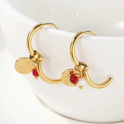 YACHAN 18K Gold Plated Stainless Steel Hoop Earrings for Women Tap Texture Metal Pearl Charms Earring Trendy Jewelry Gift