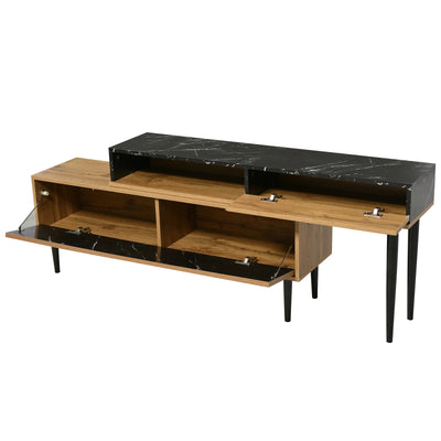 Lazyspace Modern TV Stand with Marble and Wood Grain, TV Cabinet with Iron Legs, Wooden TV Stand with Storage Space