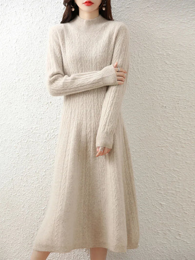 Elegant Fashion Dresses Cashmere Sweater Knitted Long Dress 100% Merino Wool Women Turtleneck Office Skirt Autumn Winter Clothes