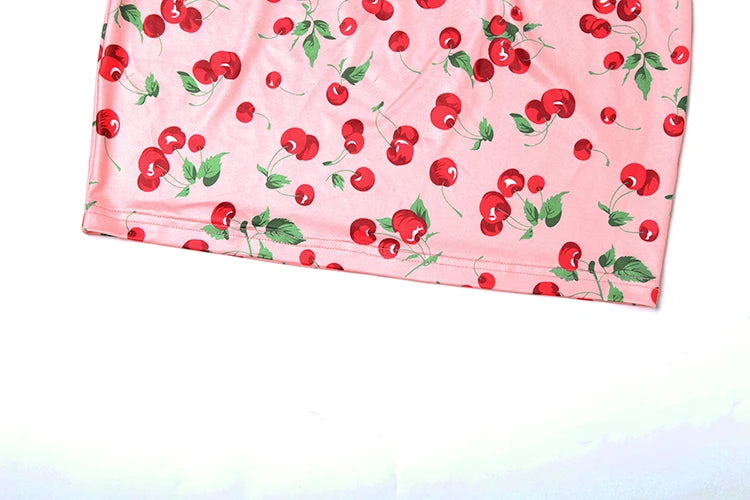 Weird Puss Hottie Sexy 3 Piece Set Women Summer Cherry Print Halter Bra+Thong+Skirts Vacation Beach Party Clubwear Matching Suit