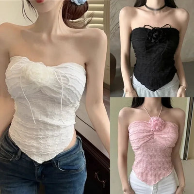 Y2K Women Fashion Sleeveless Vest Hanging Neck Irregular Lace-up Tops With Chest Female Sweet Sexy Vacation Style Top